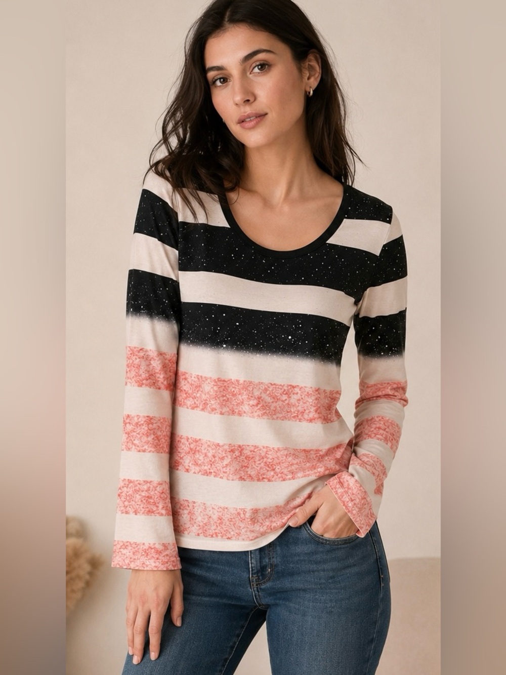 Stylish Black, White and Coral Striped Women's Blouse Size Large